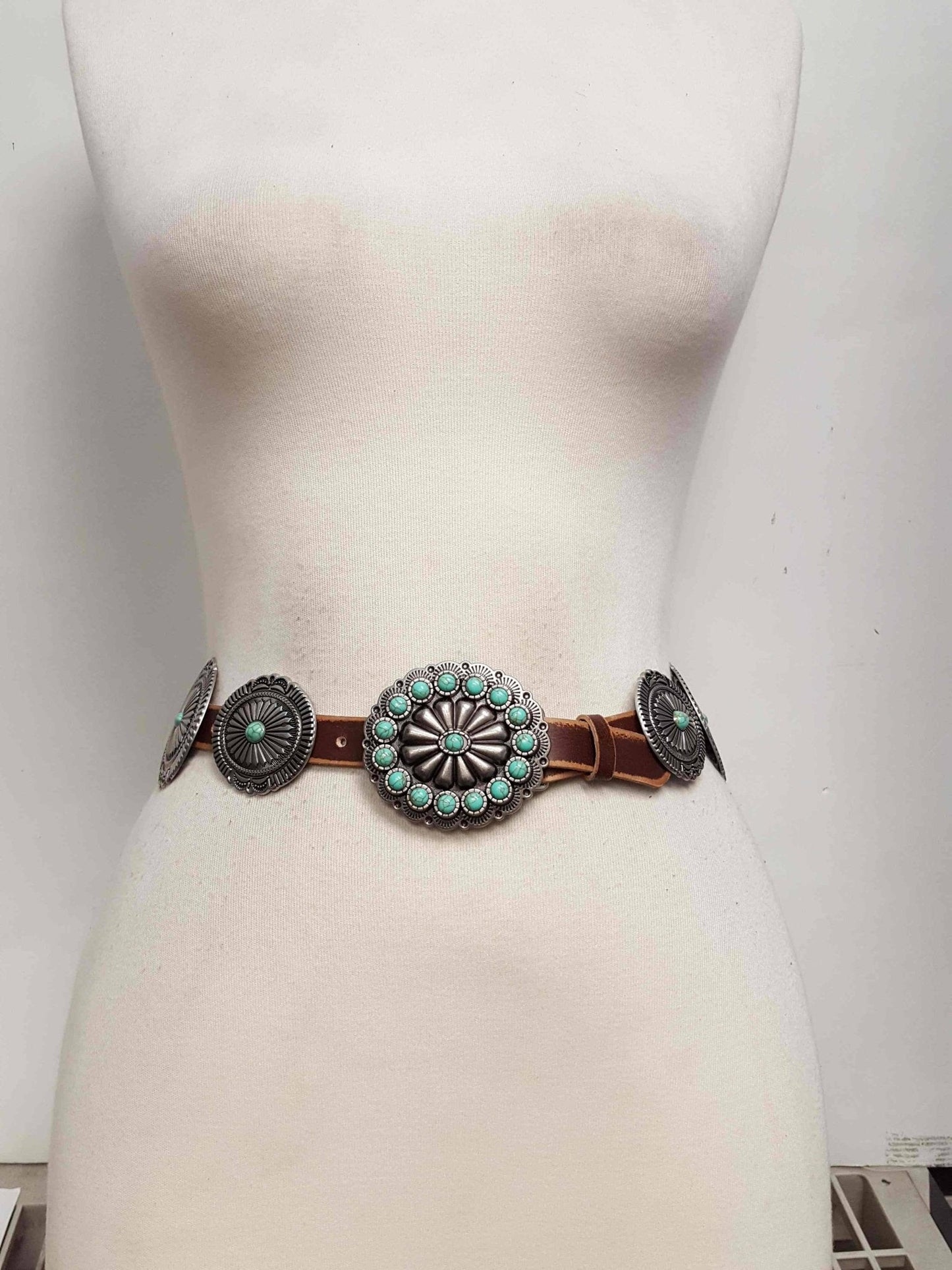 Distressed Leather Concho Belt in brown and black