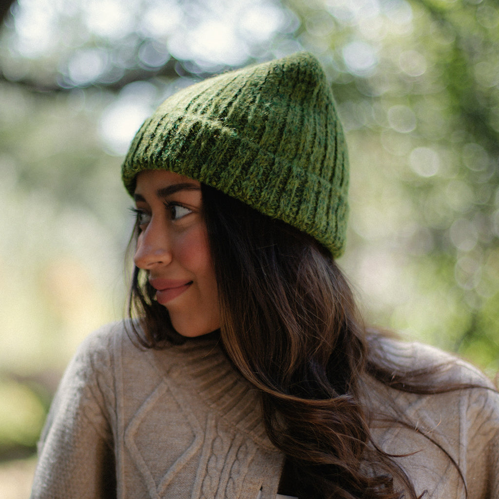 Ribbed Alpaca Beanie in Olive Green