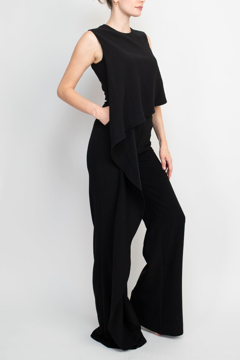 Jovani Ruffle trim sleeveless high waist one-piece scoop neck crepe jumpsuit-3
