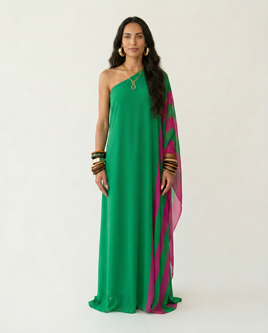 Color Block One Shoulder Maxi Dress