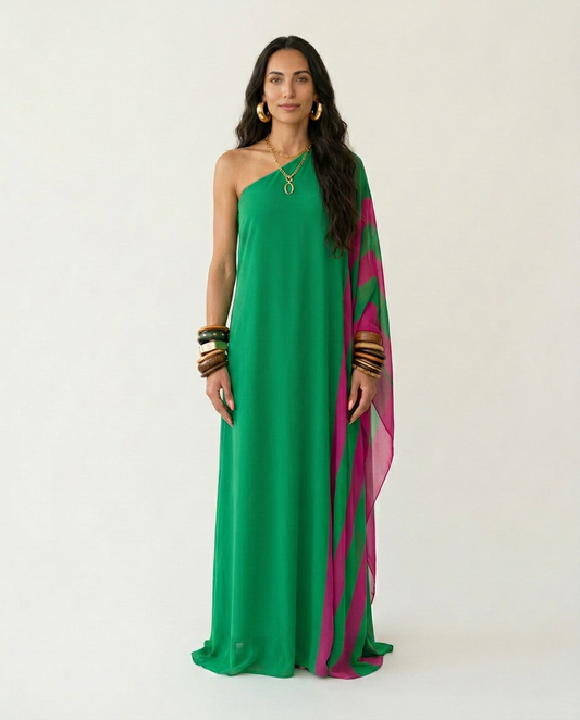 Color Block One Shoulder Maxi Dress