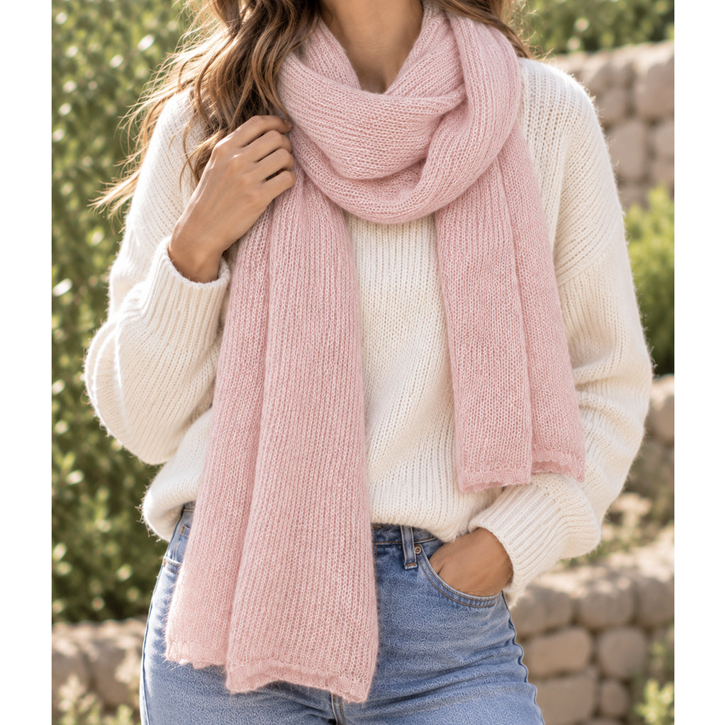 Handwoven Knit Alpaca Scarf in Baby Pink