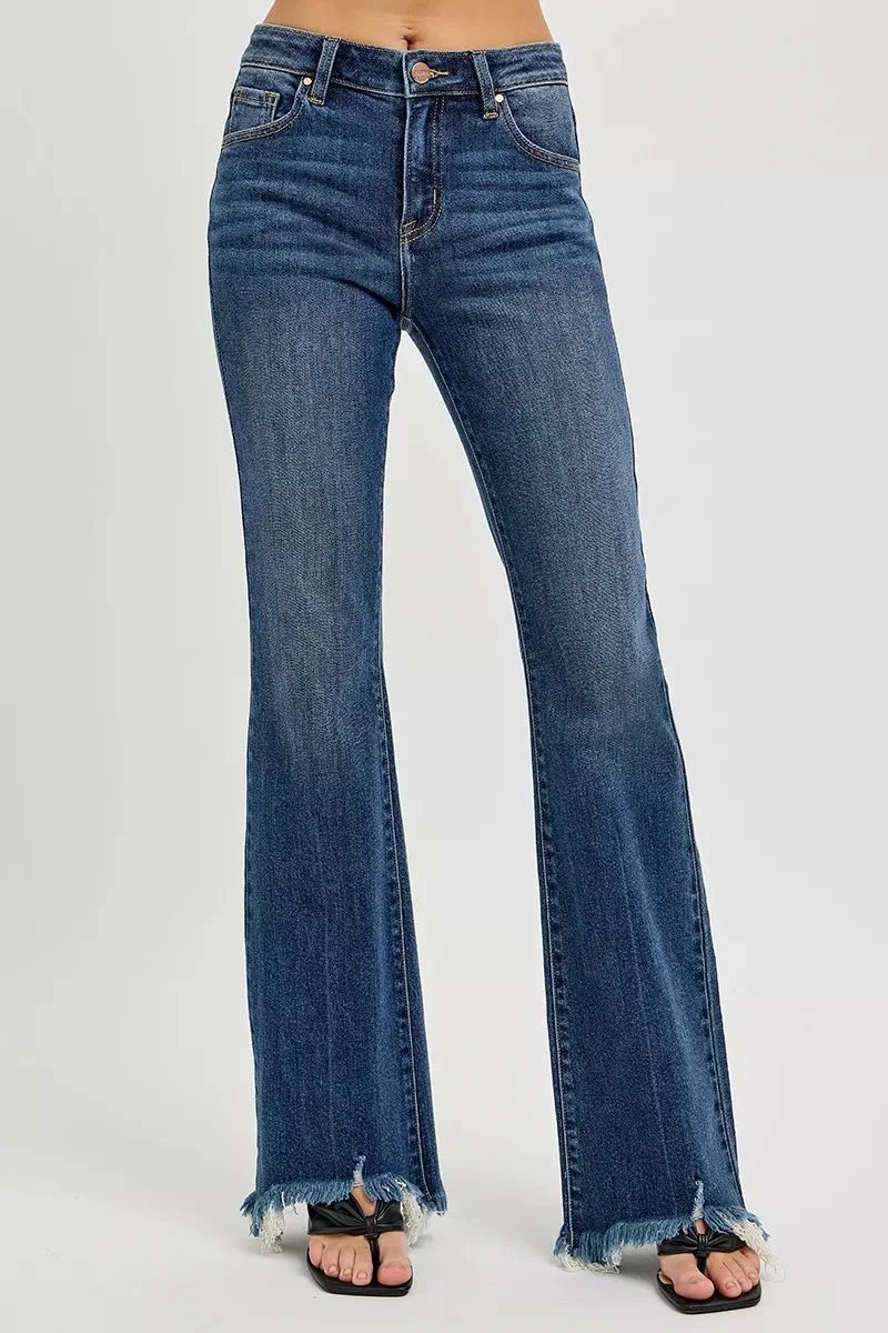 The Summer Jean - Mid Rise Flare Frayed Hem by RISEN