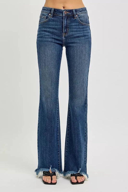 The Summer Jean - Mid Rise Flare Frayed Hem by RISEN