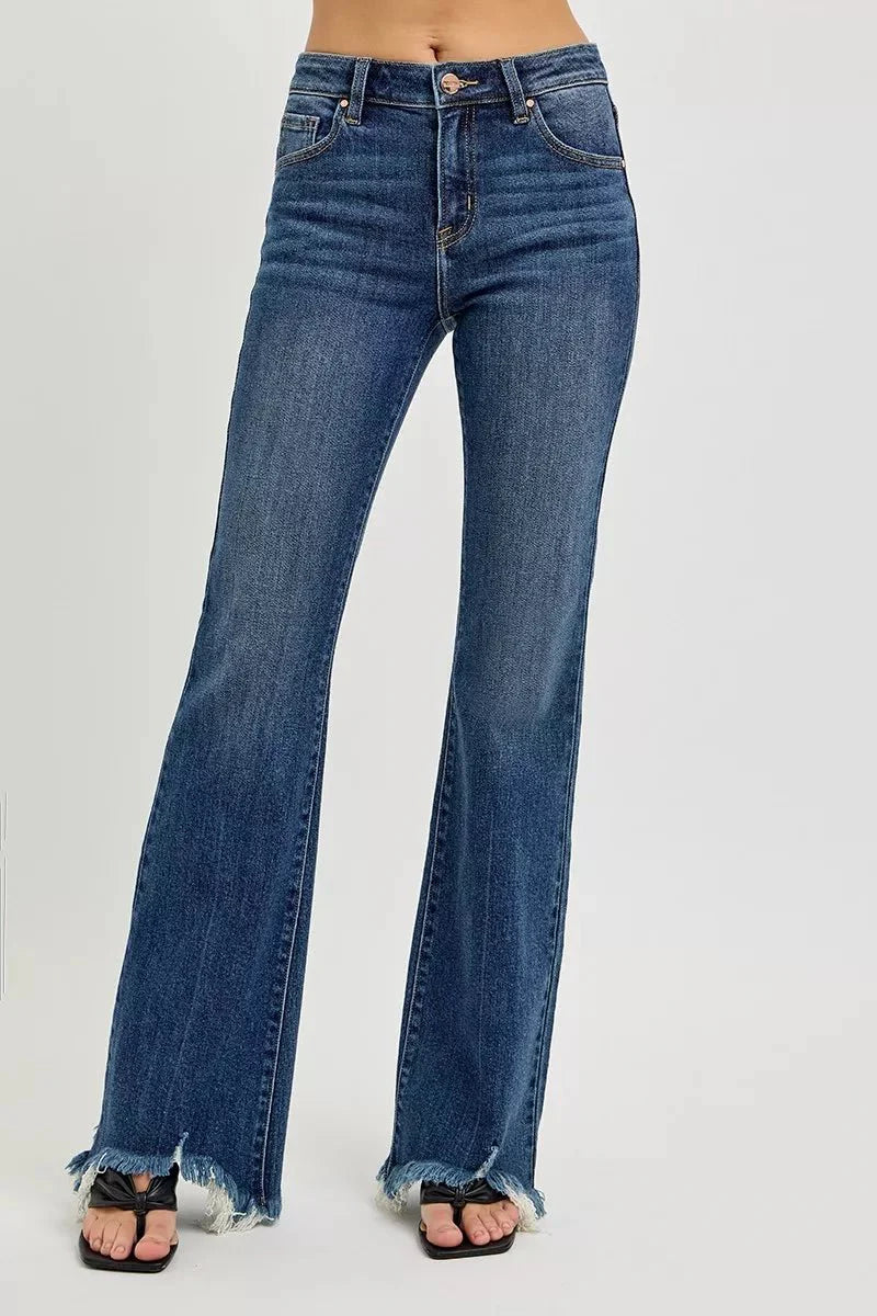 The Summer Jean - Mid Rise Flare Frayed Hem by RISEN