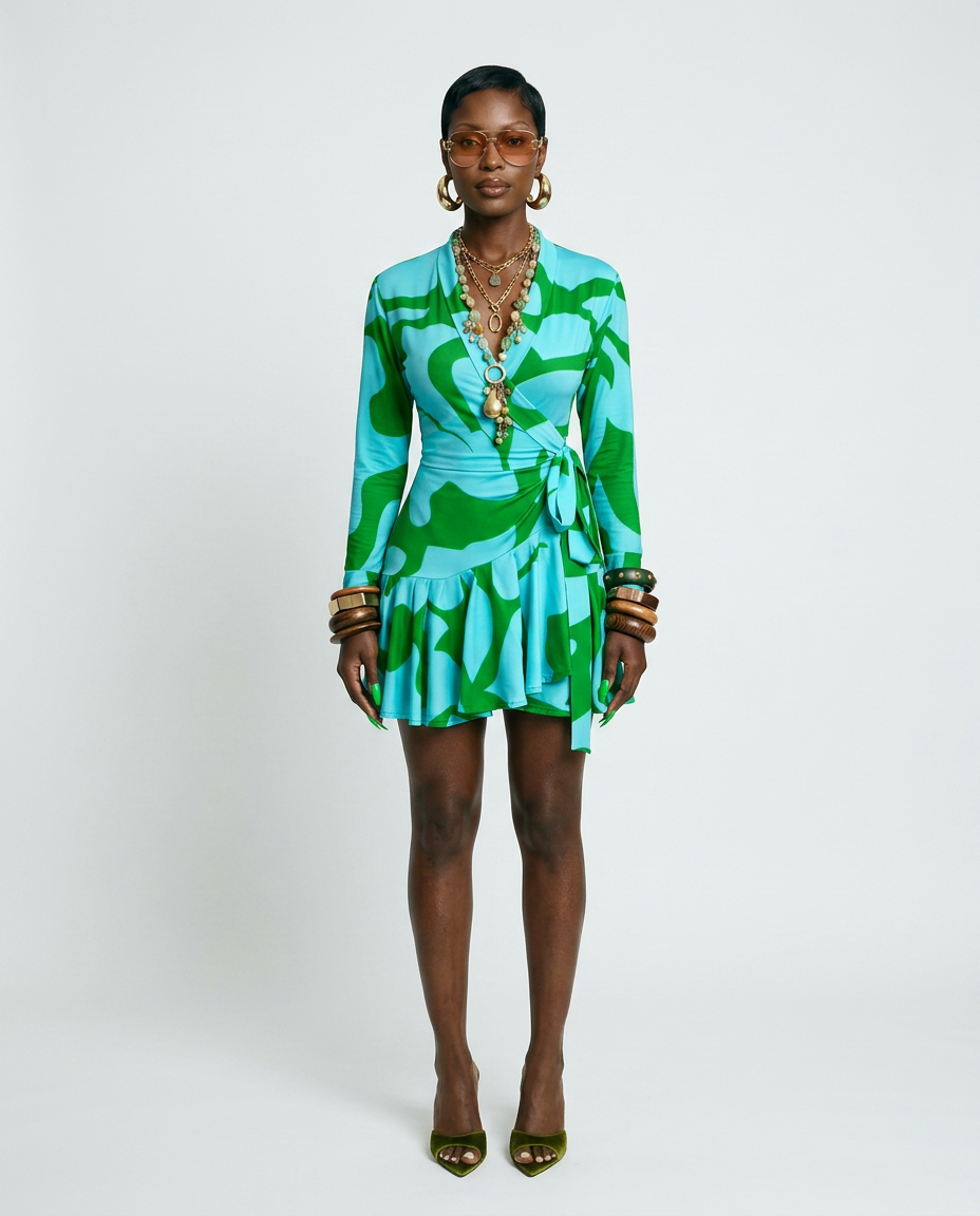 Printed Ruffle Wrap Dress in multiple colors