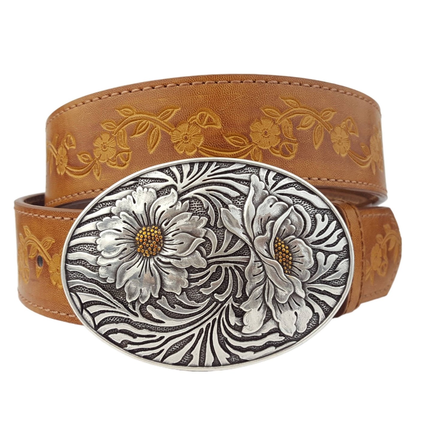 Vintage Sunflower & Floral Tooled Belt