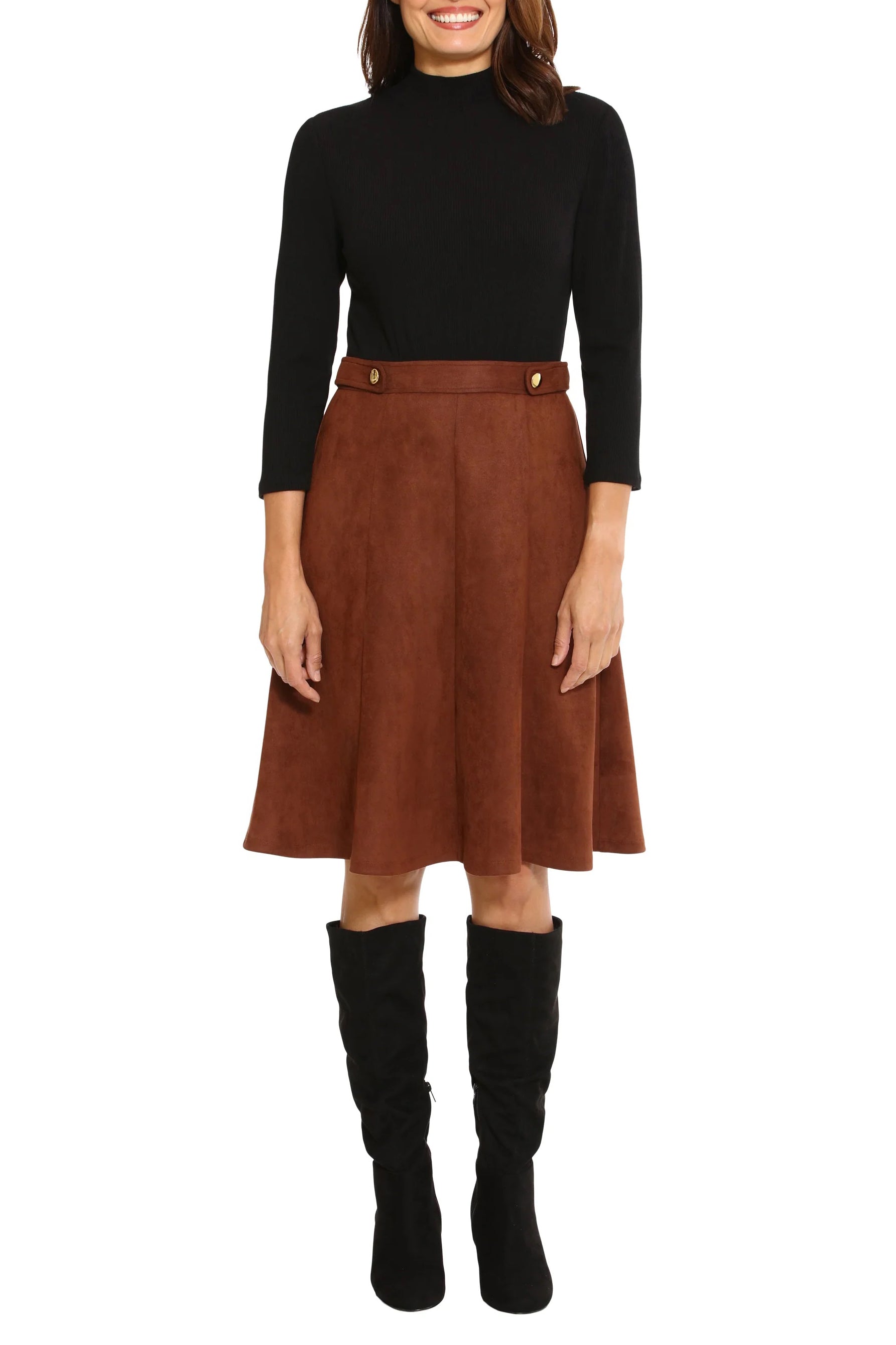 London Times high neck 3/4 sleeve ribbed top gold button detail suede skirt-0