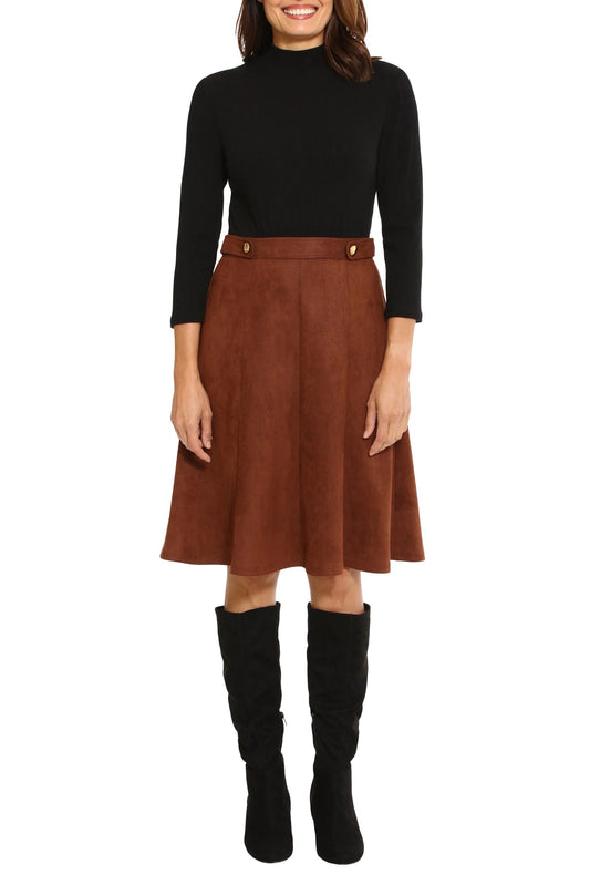 London Times high neck 3/4 sleeve ribbed top gold button detail suede skirt-0