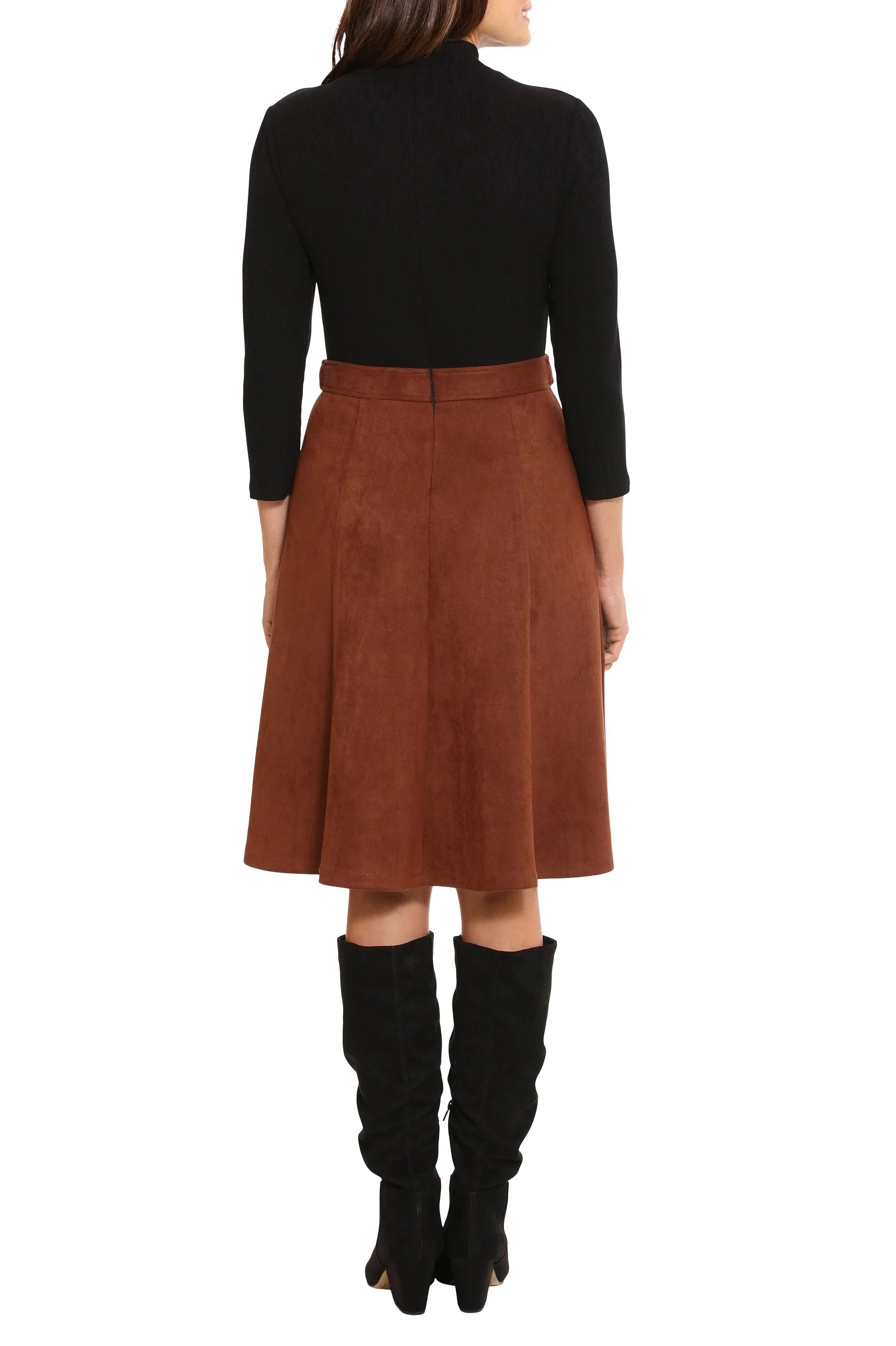 London Times high neck 3/4 sleeve ribbed top gold button detail suede skirt-3