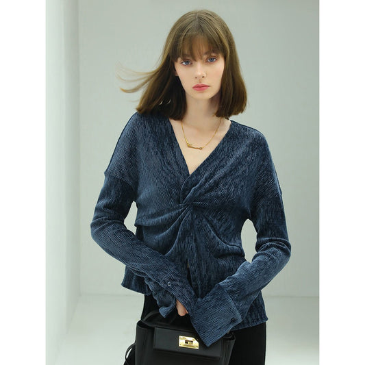 Velvet Wrap Navy Knit Top-0