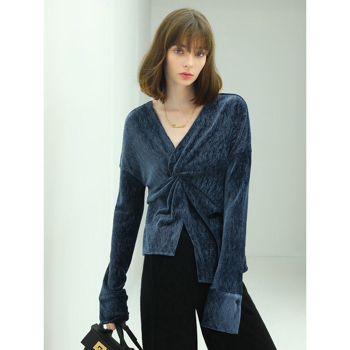 Velvet Wrap Navy Knit Top-1