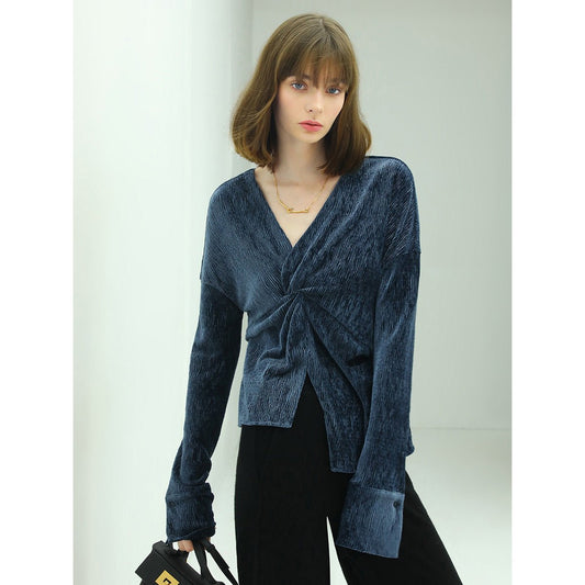 Velvet Wrap Navy Knit Top-1