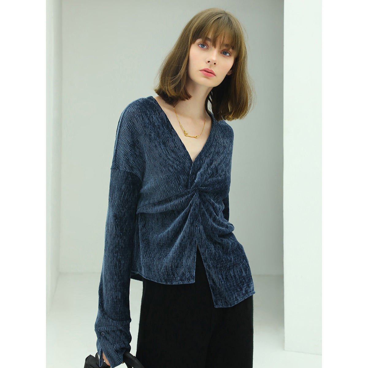 Velvet Wrap Navy Knit Top-2