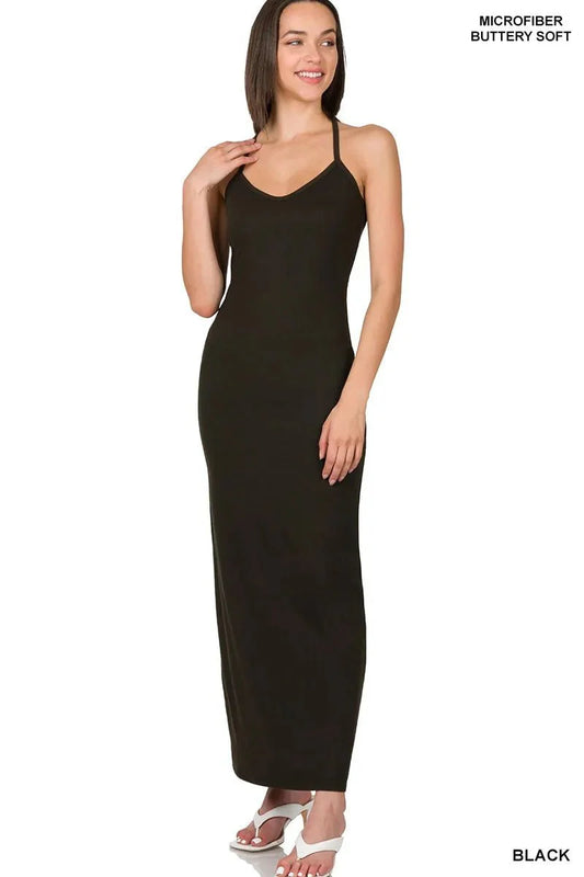 Zenana Brushed Dty Thin Strap Racerback V-Neck Maxi Dress-0